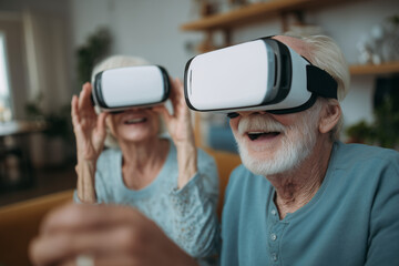 Elderly couple enjoying virtual reality experience together