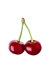Two cherries on isolated background close-up, for juice or jam packaging design