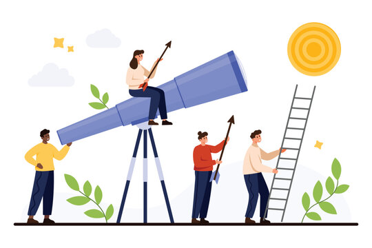 Business people using large spyglass, arrows, and ladder to focus on distant target symbolizing teamwork, vision, planning, and achievement isolated on white background vector illustration