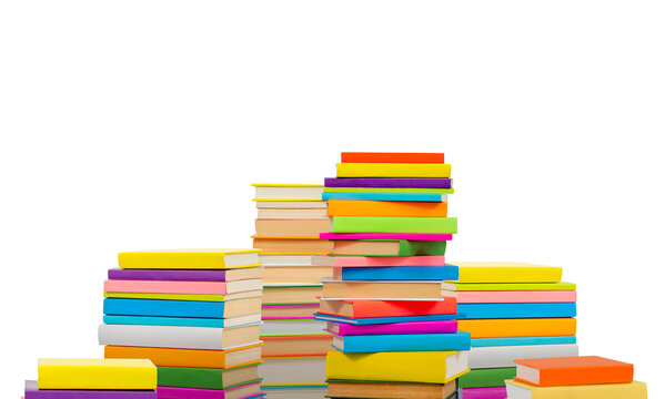 Books in multi-colored covers on an isolated background. Literature for children. Collection in the library. Textbooks for school college or university