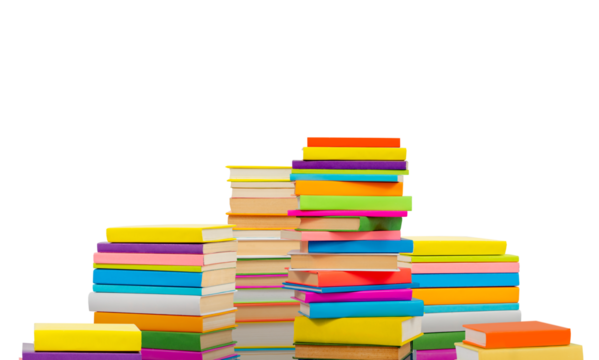 Books in multi-colored covers on an isolated background. Literature for children. Collection in the library. Textbooks for school college or university
