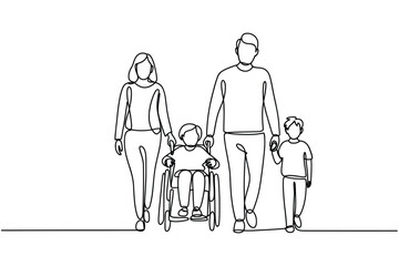 Family walking together with child in wheelchair