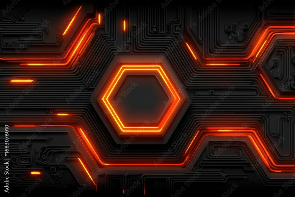 Poster illuminated hexagon design: a futuristic digital display, featuring a glowing orange hexagon at its 