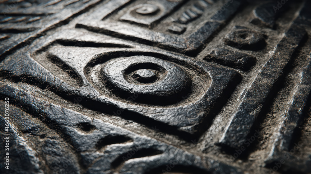 Poster abstract macro of dark metal surface with intricate carved geometric patterns and concentric circles