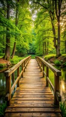 Obraz premium Rustic wooden bridge spanning over a serene stream with lush greenery and tall trees surrounding it