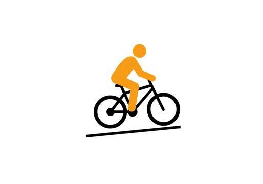 Orange stick figure riding a black bicycle on a black line against a white background simple design
