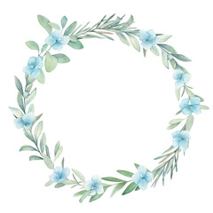 Watercolor wedding vintage wreath with eucalyptus branches and blue flowers. Hand drawn floral isolated illustration on white background.