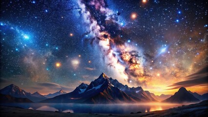 Celestial dance under starry night sky with majestic mountain silhouette