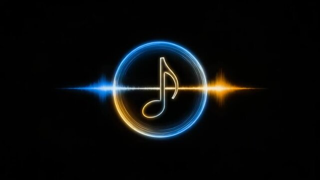 Vibrant music note logo with sound waves on black