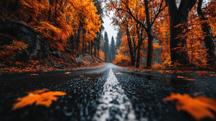 Scenic Autumn Road with Vibrant Orange Foliage and Wet Asphalt, Featuring a White Center Line Guiding Through a Forest Landscape, Perfect for Travel and Nature Photography