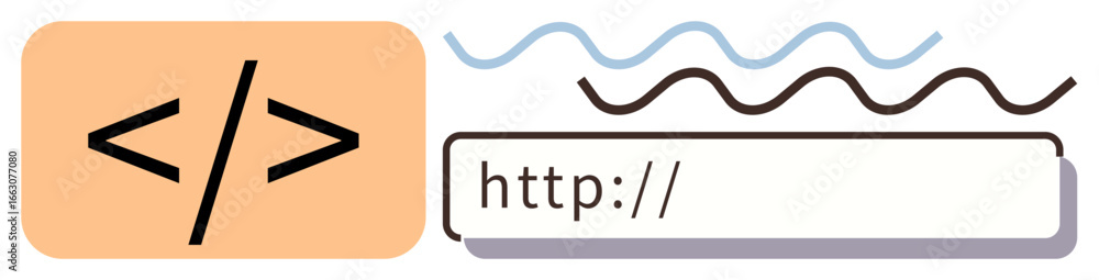 Aufkleber code tag symbol beside a url input bar with abstract wavy lines. ideal for web design, programming, 