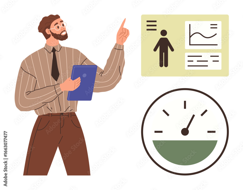 Poster man holding clipboard pointing to info chart with human figure and graph. includes performance gauge