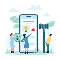 Intellectual property protection vector illustration. Cartoon tiny people holding judges gavel and DMCA shield to protect trademark and light bulb from crime, digital product or idea on phone screen