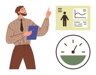 Man holding clipboard pointing to info chart with human figure and graph. Includes performance gauge. Ideal for business analysis, statistics, reporting, training, productivity, evaluation, strategy