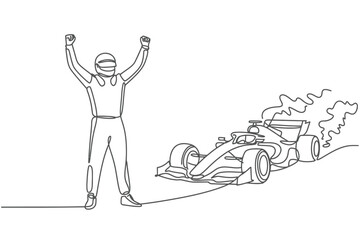 Formula 1 driver celebrates victory next to smoking race car
