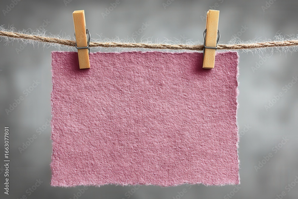 Poster soft pink textured paper hanging on a rustic string with wooden clothespin creating a unique visual 