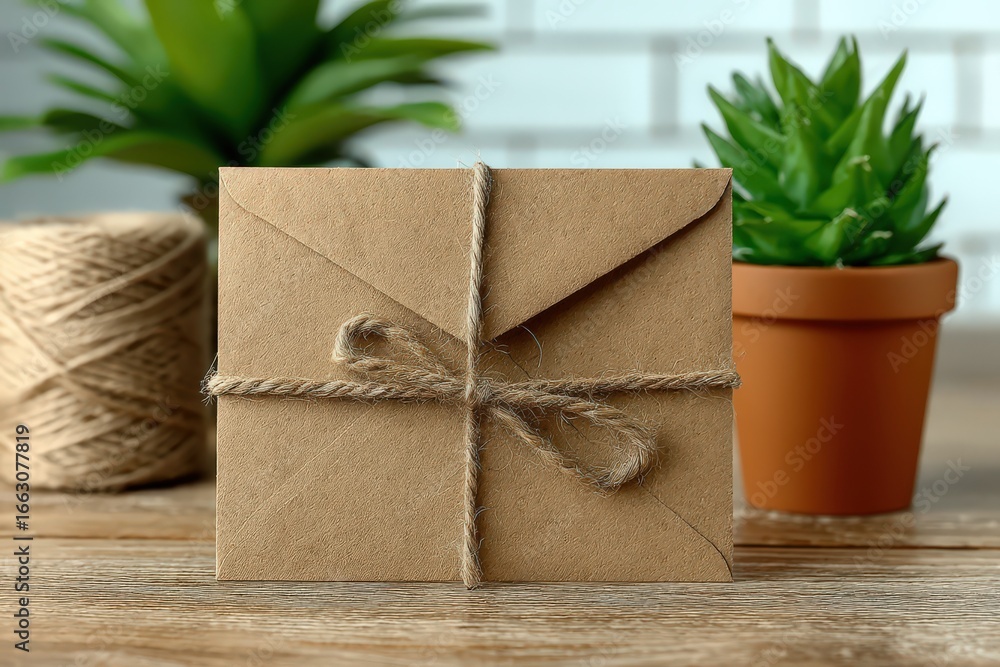 Poster elegant crafted envelope tied with natural twine adorned by greenery reflecting artisanal charm in a