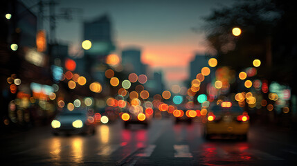 Abstract Cityscape at Night with Bokeh Lights, Featuring Blurred Cars and Buildings, Creating a Dreamy and Atmospheric Urban Scene at Twilight, Perfect for Backgrounds and Creative Projects