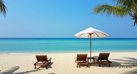 Obraz premium Serene tropical beach paradise with lounge chairs and umbrella under a clear blue sky, inviting relaxation and peaceful moments by the turquoise ocean waves gently lapping on the pristine sandy shore