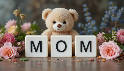  A teddy bear sits among pink and peach flowers spelling out "MOM" with white tiles, HD and 4k image