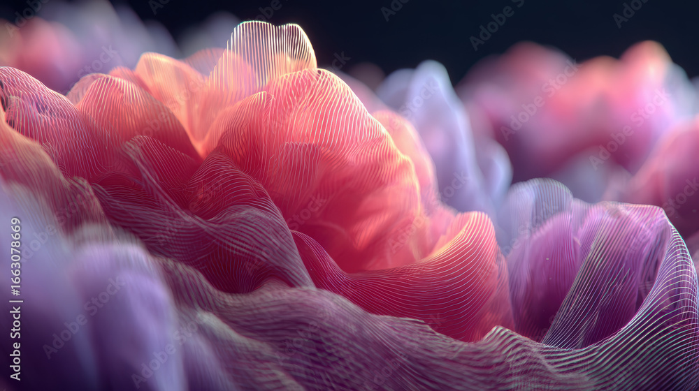 Aufkleber abstract 3d render of wavy lines in pink and purple hues, creating a soft and dreamy texture with de