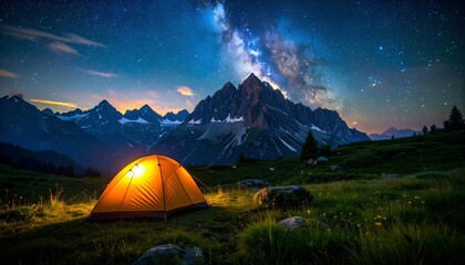 Realistic photo of an illuminated tent under the night sky with stars and mountain silhouette, symbol of outdoor adventure.
