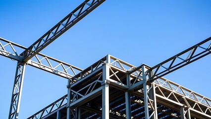 Industrial steel structure with geometric patterns, highlighting construction progress under clear skies.