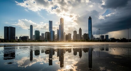 Fototapeta premium Modern Cityscape Reflection During a Thunderstorm