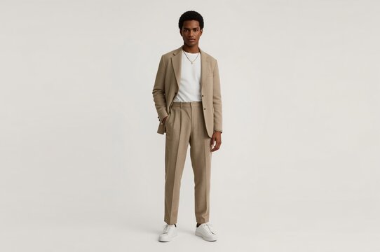 Man in taupe suit, studio shot, simple background, fashion catalog