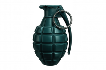 Green hand grenade isolated on transparent background, representing concepts of war, military, and danger