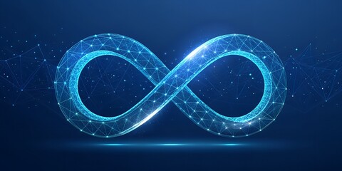 Digital Infinity Symbol Made of Connecting Lines and Dots on a Blue Background