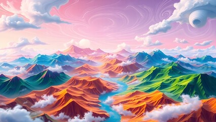 Colorful Mountain Landscape with Vibrant Clouds and River