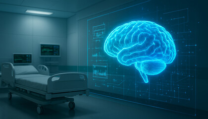 Futuristic medical room with holographic brain display and advanced patient monitoring system