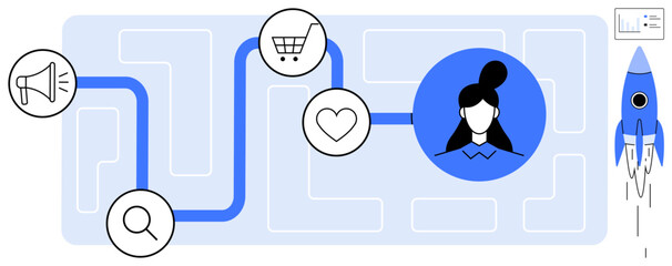 Path connecting search, marketing, shopping cart, and heart icons to a user profile and a rocket launch. Ideal for customer experience, marketing strategy, user journey, growth, business success