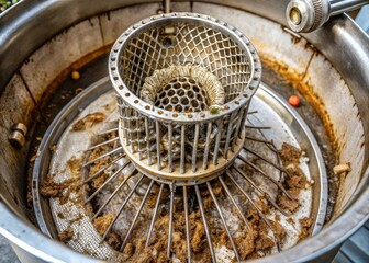 Filthy mesh clogging inside disassembled mixer machinery