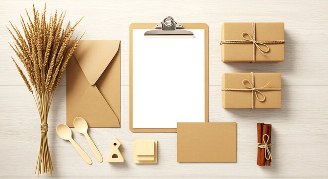 Overhead view of a rustic flat lay with a clipboard dried wheat kraft paper envelope small gift boxes and stationery items on a textured surface