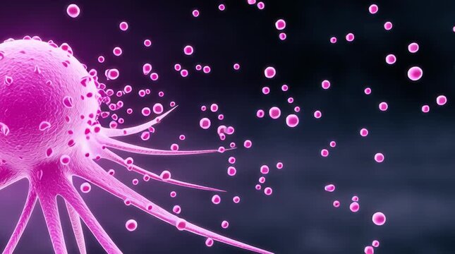Immune cell releasing microscopic biological particles dark background with pink cancer cell close up showing health disease tumor infection details