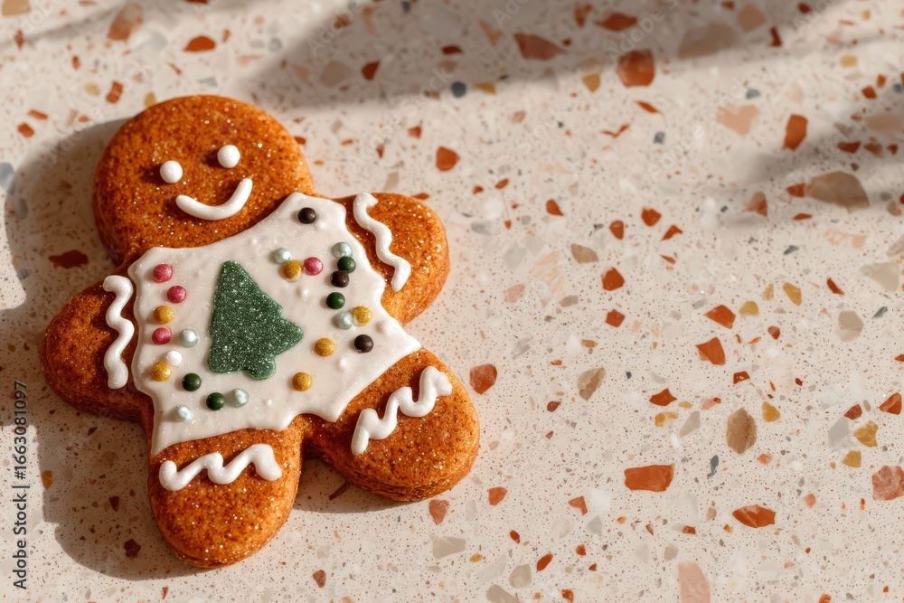 Poster delightful gingerbread cookie adorned with colorful icing on a speckled surface creating a festive a