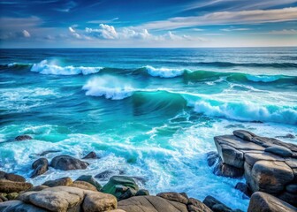 Deep turquoise ocean waves gently roll over smooth gray rocks