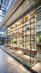 Modern retail store with sleek glass fa?ade showcasing products on shelves