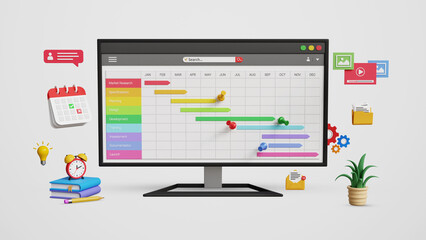 Project plan, work management and progress monitoring, task scheduling and milestone updates. 3D Gantt chart interface with planning tools on computer screen