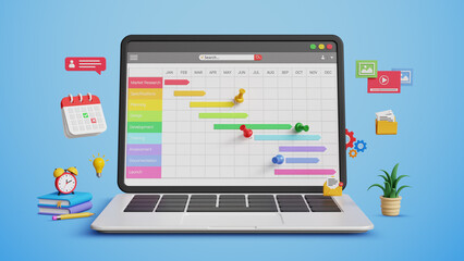 Project management, follow up progress, project work by using gantt chart. Update tasks and milestones, progress planning and scheduling.3D gantt chart dashboard with planning icons on laptop