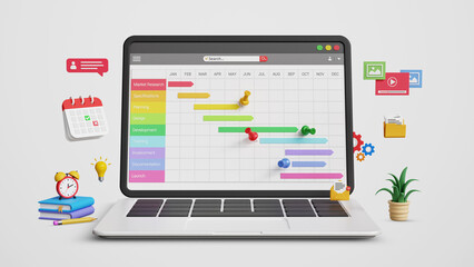 Project plan, work management and progress monitoring, task scheduling and milestone updates. 3D Gantt chart interface with planning tools on laptop