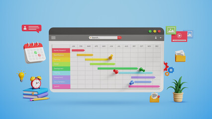 Project management, follow up progress, project work by using gantt chart. Update tasks and milestones, progress planning and scheduling.3D gantt chart dashboard with planning icons