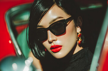 an Asian woman with red lipstick and black sunglasses sitting in the driver's seat