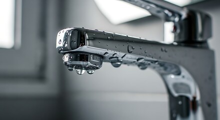 Water conservation Close-up of a modern faucet with dripping water drops