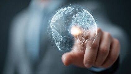 A hand interacts with a digital globe, illustrating global connectivity and data visualization