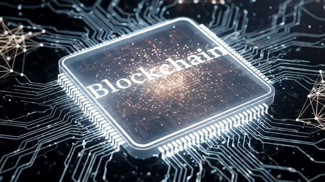 Blockchain Chip Illustration: An intricately designed microchip features the word Blockchain prominently displayed