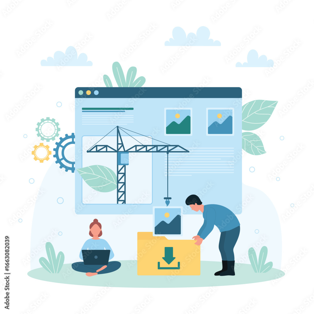 Poster transfer file system, backup vector illustration. cartoon tiny people and construction crane on desk