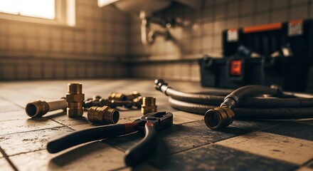 Essential plumbing tools and pipes laid out on a tiled floor in a bathroom, ready for professional repair or installation work, showcasing home maintenance equipment for domestic improvements